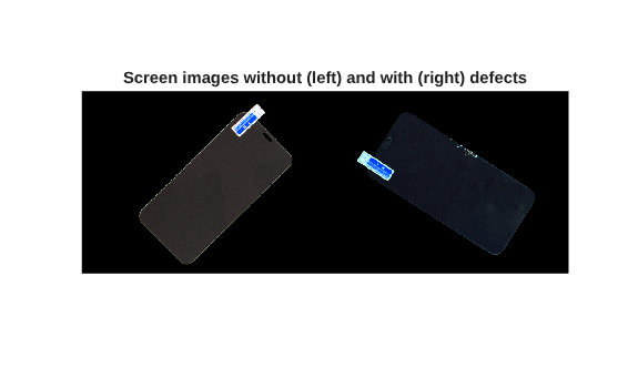 Figure contains an axes object. The hidden axes object with title Screen images without (left) and with (right) defects contains an object of type image.