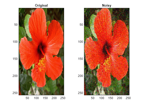 Figure contains 2 axes objects. Axes object 1 with title Original contains an object of type image. Axes object 2 with title Noisy contains an object of type image.