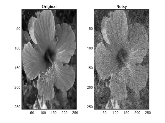 Figure contains 2 axes objects. Axes object 1 with title Original contains an object of type image. Axes object 2 with title Noisy contains an object of type image.