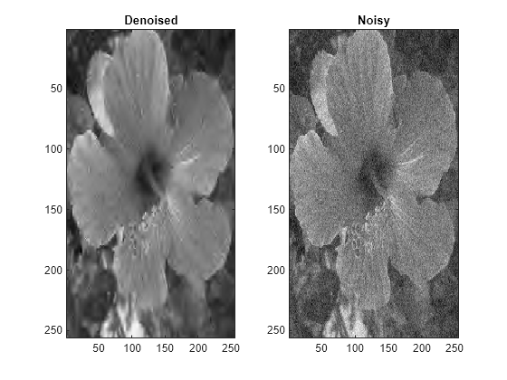 Figure contains 2 axes objects. Axes object 1 with title Denoised contains an object of type image. Axes object 2 with title Noisy contains an object of type image.