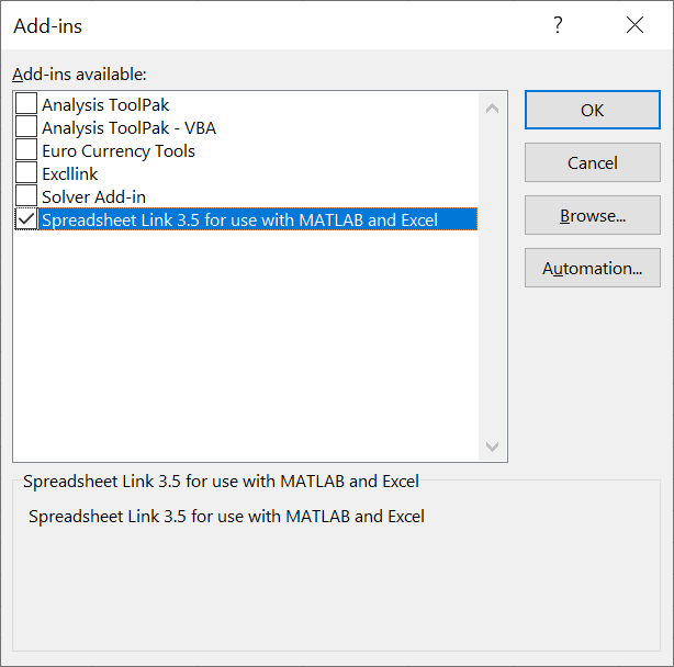 Add-Ins dialog box containing a list of Excel add-ins
