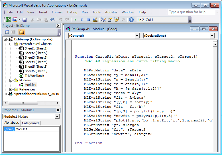 ExliSamp.xls - Module1 (Code) window contains the VBA code for the CurveFit function with arguments aData, sTarget1, sTarget2, and sTarget3.