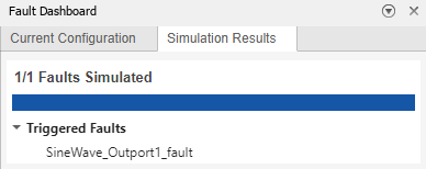 The Fault Dashboard pane. It shows 1/1 faults simulated, and the specified fault, SineWave_Outport1_fault. In the Triggered Faults drop down.