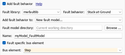 The Add Fault window. The section of the window shows that the Add fault behavior property is specified and the Fault Specific Bus Element property is enabled below it. The Bus Element property has a bus named Step selected.