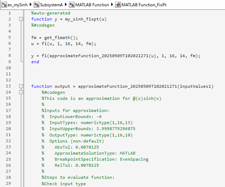 The code in the MATLAB Function block shows that it now uses the lookup table approximation you created using the Lookup Table Optimizer app.