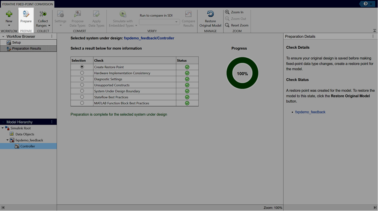 View of the Fixed-Point Tool after clicking the Prepare button. In this example, all the preparation checks passed.