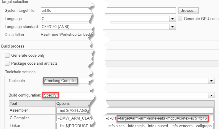 Code Generation pane after setting up custom Armclang compiler.