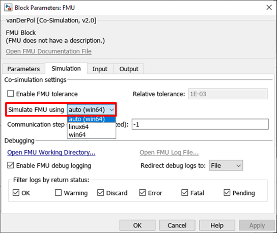 FMU import block dialog box with Linux64 selected as simulation target