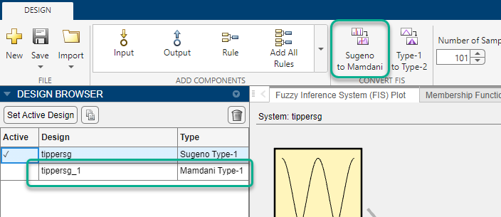 App with the new Sugeno FIS, tippersg_1, highlighted in the Design Browser.