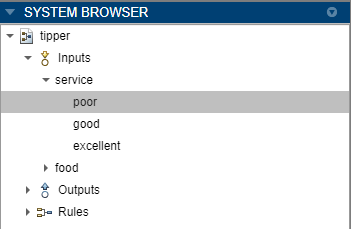 System Browser pane showing a tipper FIS with the service input variable expanded and the poor membership function selected.