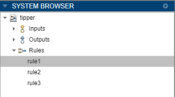 System Browser showing a tipper FIS with the rules expanded and the first rule selected.