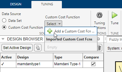 Tuning tab showing the Custom Cost Function drop-down list expanded and the cursor over the Add a Custom Cost Fcn option.