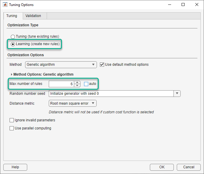 Tuning Options dialog box configured for rule learning. The Learning option is selected and the maximum number of rules is set to 6.