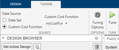 Toolstrip showing myCostFcn selected in the Custom Cost Function drop-down list.