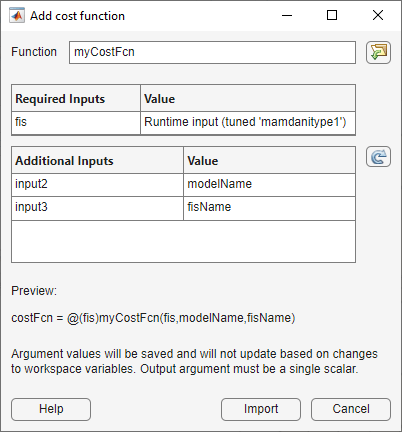In the Additional Inputs table, input2 and input3 have the respective values modelName and fisName.