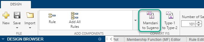 App toolstrip with the Mamdani to Sugeno option highlighted in the Convert FIS toolstrip section.