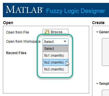 Open from Workspace dialog box expanded to list three FIS objects from the MATLAB workspace. The cursor is pointing to the second FIS object in the list.