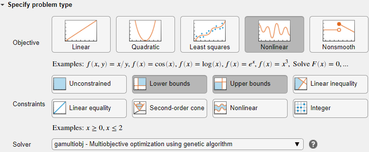 Objective, constraints, and solver specified