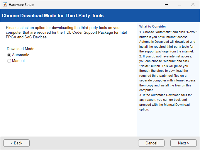 Choose Download Mode for Third-Party Tools Window that has Automatic or Manual options