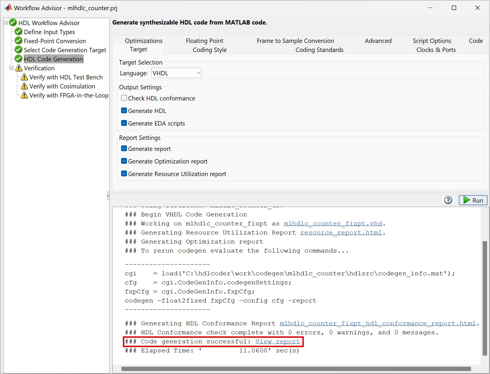 View of the HDL Coder Workflow Advisor after completing the HDL Code Generation step with report generation options enabled. The message viewer at the bottom of the application provides a hyperlink to the code generation report.