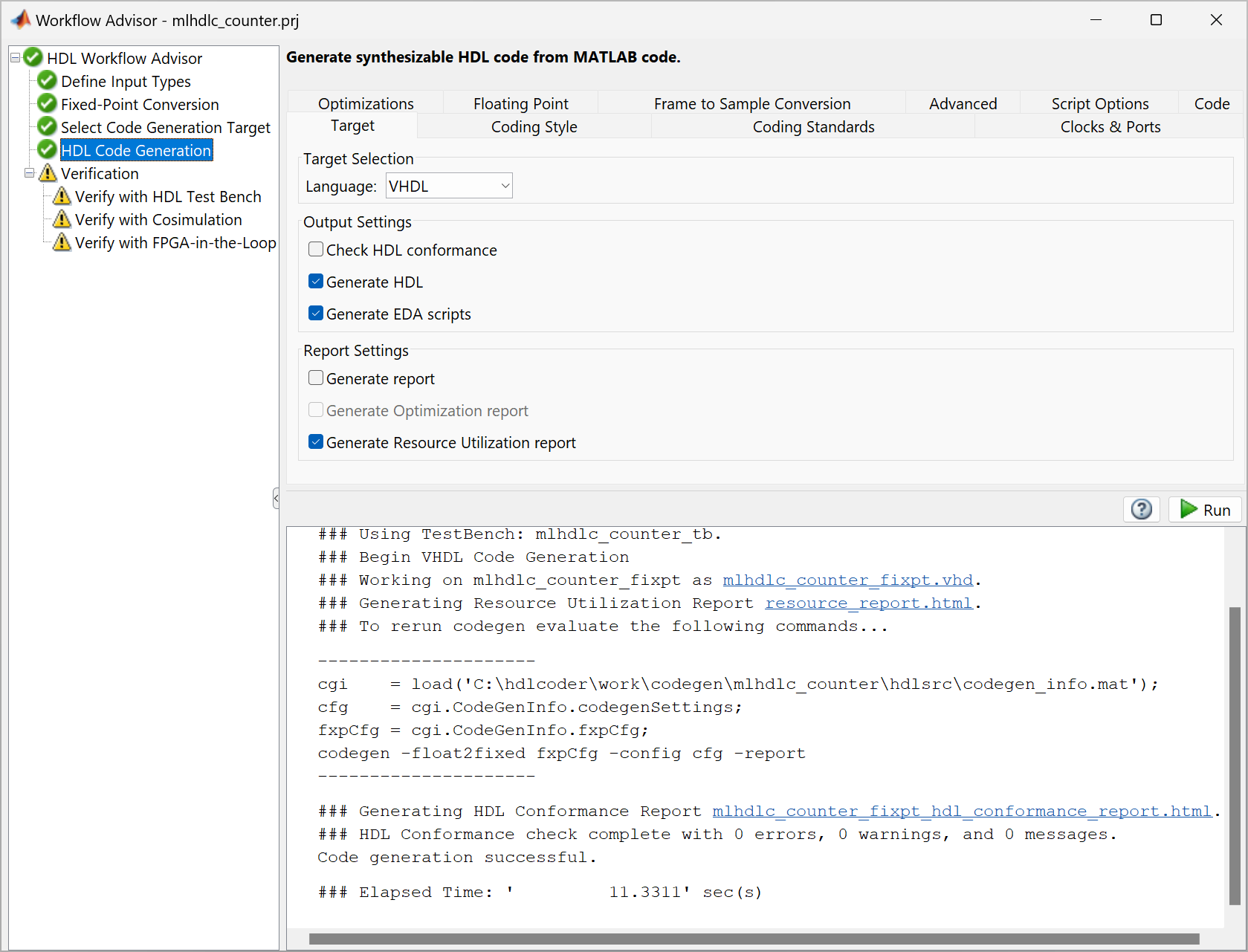 View of the HDL Coder Workflow Advisor after executing the HDL Code Generation step. The process completed, as indicated by the output in the message viewer at the bottom of the application.