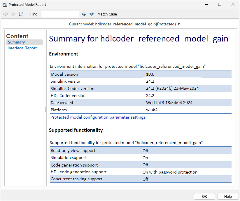 Protected model report for hdlcoder_referenced_model_gain