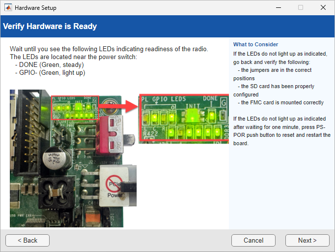 Verify LEDs on SDR Hardware