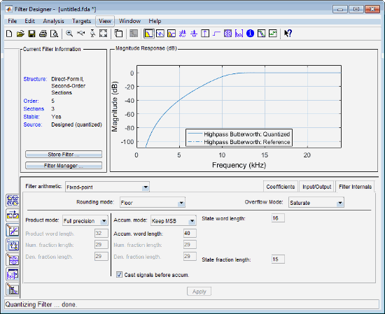 Filter Designer tool, showing the Filter Internals tab at the bottom of the window