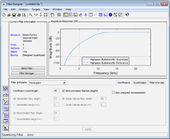 Filter Designer tool showing the Coefficient tab at the bottom of the window