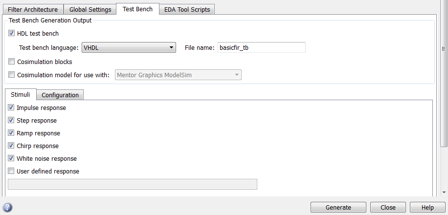 Test Bench tab of the Generate HDL tool