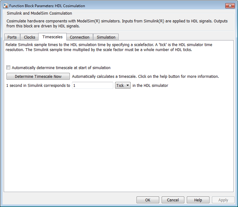 Block mask of HDL Cosimulation block, open on the Timescales tab.