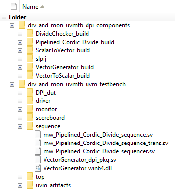 Generated directory structure for a top level model named drv_and_mon_uvmtb. A directory named "drv_and_mon_uvmtb_dpi_components" is expanded to show contents, and a directory named "drv_and_mon_uvmtb_uvm_testbench" is expanded to show contents.