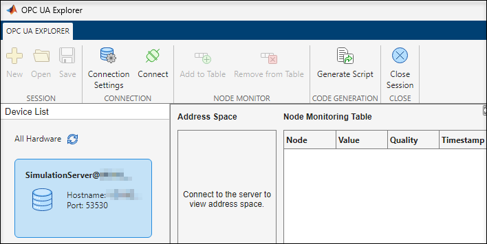 New session in OPC UA Explorer