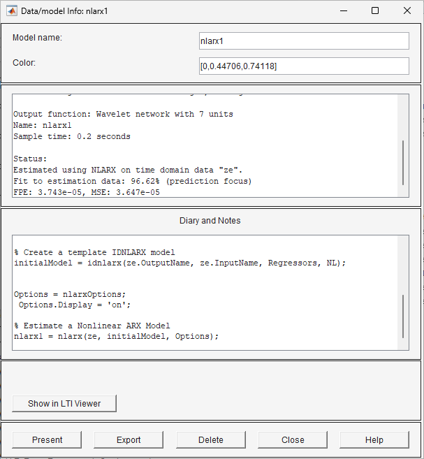 Data/Model information board for nlarx1