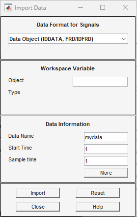 Import Data dialog box. Data Type is on the top. Workspace Variable is second from the top. Data information is third from the top. Import, Reset, Close, and Help buttons are on the bottom