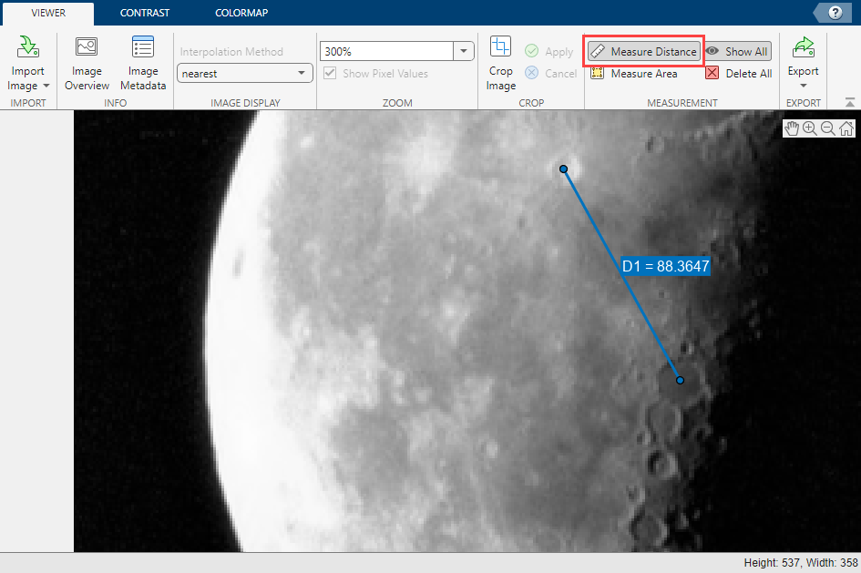 Grayscale image of the moon, showing a distance line with length 88.3647 pixels