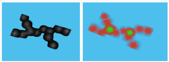 The original image on the left is a chain of adjacent 1-valued voxels with two branches. The processed image on the right highlights the branch points in green and other voxels in red.