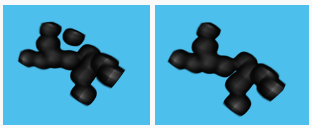 The original image on the left is a chain of adjacent 1-valued voxels and one additional 1-valued voxel that does not touch any other voxels. The processed image on the right includes the chain and removes the isolated voxel.