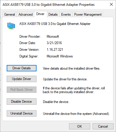 Gigabit Ethernet Adapter Properties window with Driver tab selected