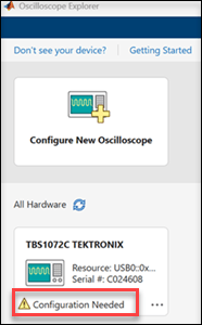 Oscilloscope Explorer home showing a TBS1072C device card with Configuration Needed status
