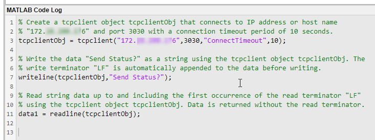 TCP/IP Explorer app MATLAB Code Log pane.