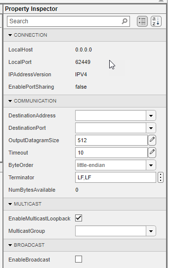 UDP Explorer app showing Property Inspector.