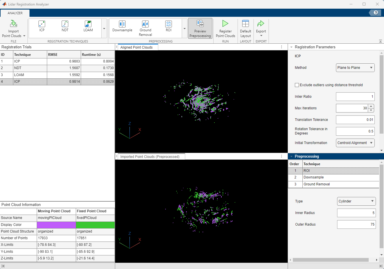Lidar Registration Analyzer App interface