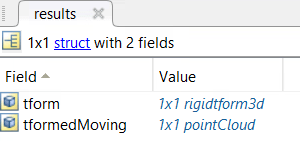 Results panel from the MATLAB workspace showing a 1-by-1 struct with two fields, tform, which is of type rigidform3d and tformMoving of type pointCloud.