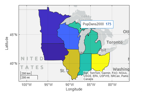 Map with a data tip on the upper peninsula of Michigan
