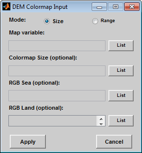 DEM Colormap Input dialog box