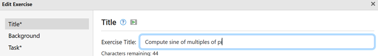 Title pane of the Edit Exercise window. The text in the Exercise Title box says "Compute sine of multiples of pi."