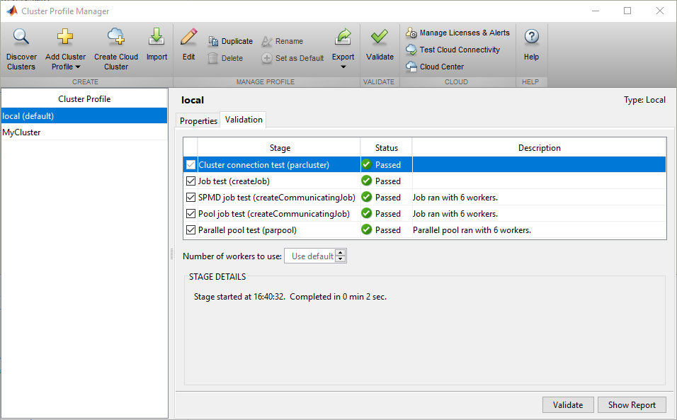 Cluster Profile Manager with the local cluster profile selected. The validation results for the local cluster are shown in the right pane.