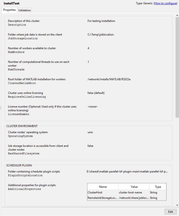 Cluster Profile Manager with the InstallTest cluster profile selected. The properties of the InstallTest profile shown.