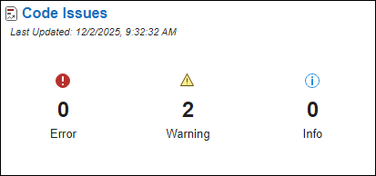 The Code Analyzer section of the dashboard indicates that there are zero errors, two warnings, and zero informational messages.